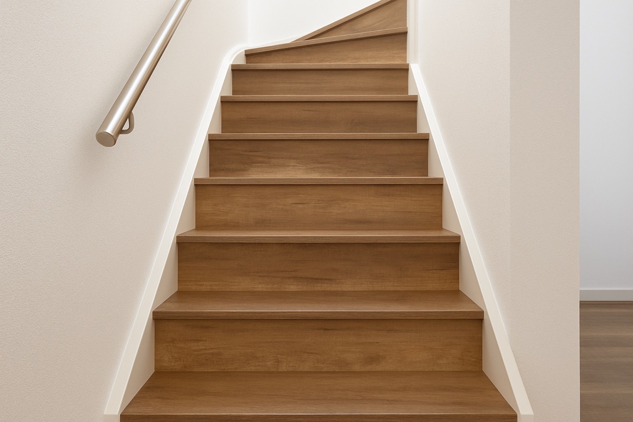 Trap bekleed met pvc in houtlook, aansluitend op de vloer in de hal