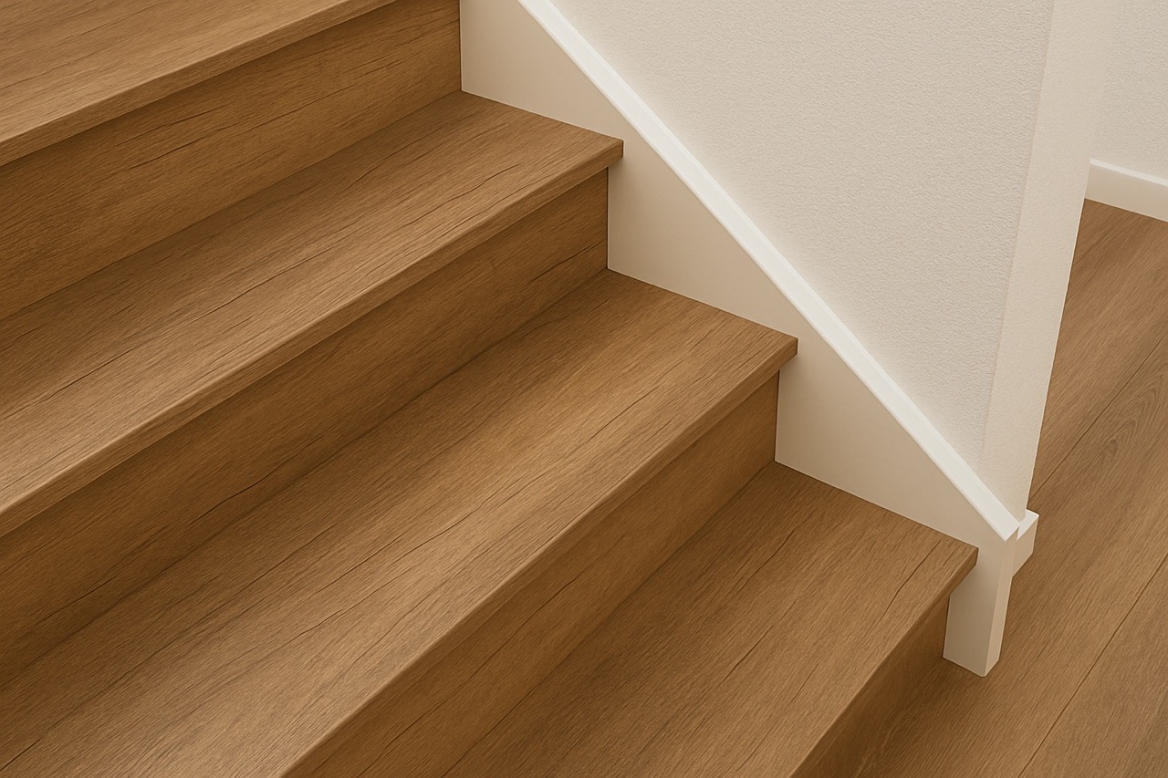 Detail van een pvc trede met strak afgewerkte neus